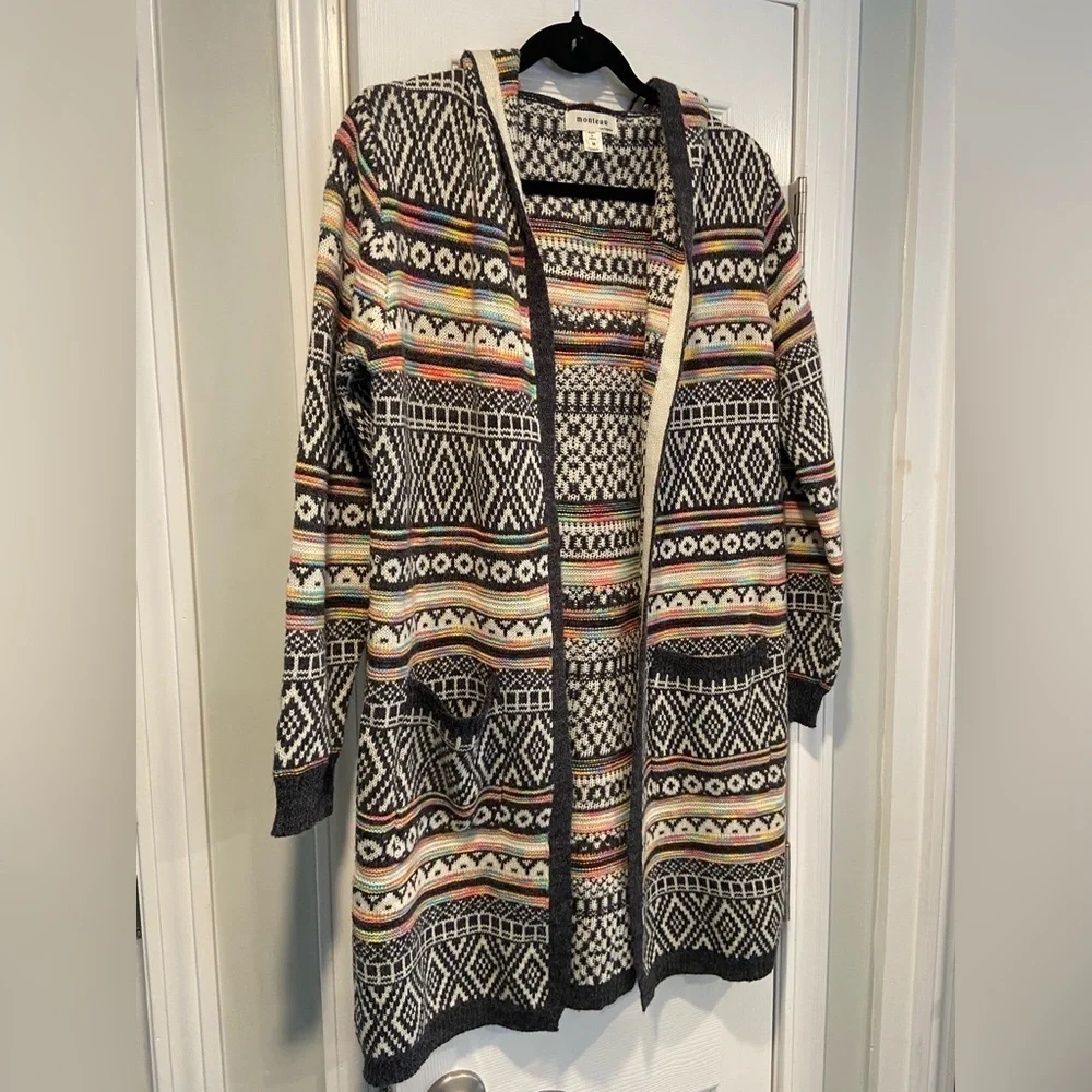 Monteau Size M Neon Stripe Black Cream Aztec Knit Open Front Hooded Cardigan